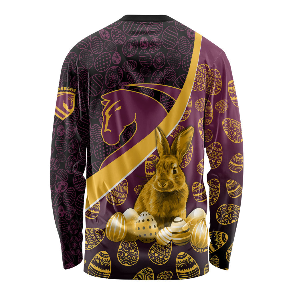 Brisbane Broncos Easter Day Long Sleeve Shirt Bunny and Egg Pattern in Gold Maroon Festive Style