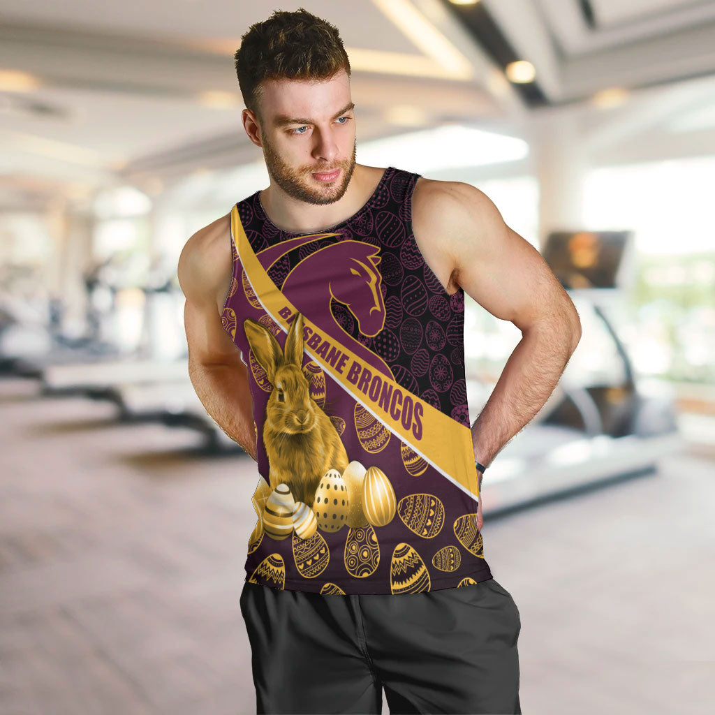 Brisbane Broncos Easter Day Men Tank Top Bunny and Egg Pattern in Gold Maroon Festive Style