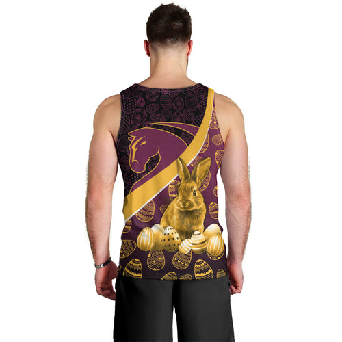Brisbane Broncos Easter Day Men Tank Top Bunny and Egg Pattern in Gold Maroon Festive Style