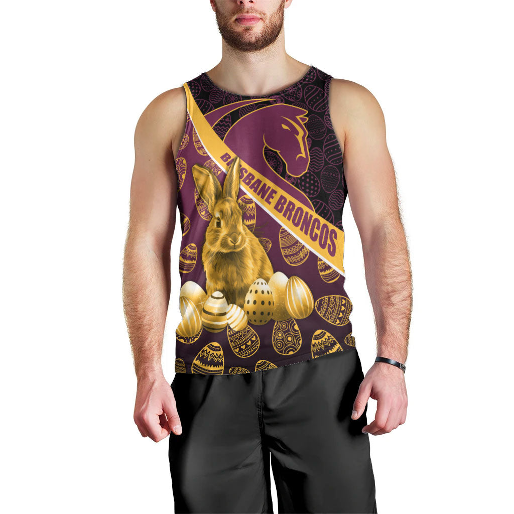 Brisbane Broncos Easter Day Men Tank Top Bunny and Egg Pattern in Gold Maroon Festive Style