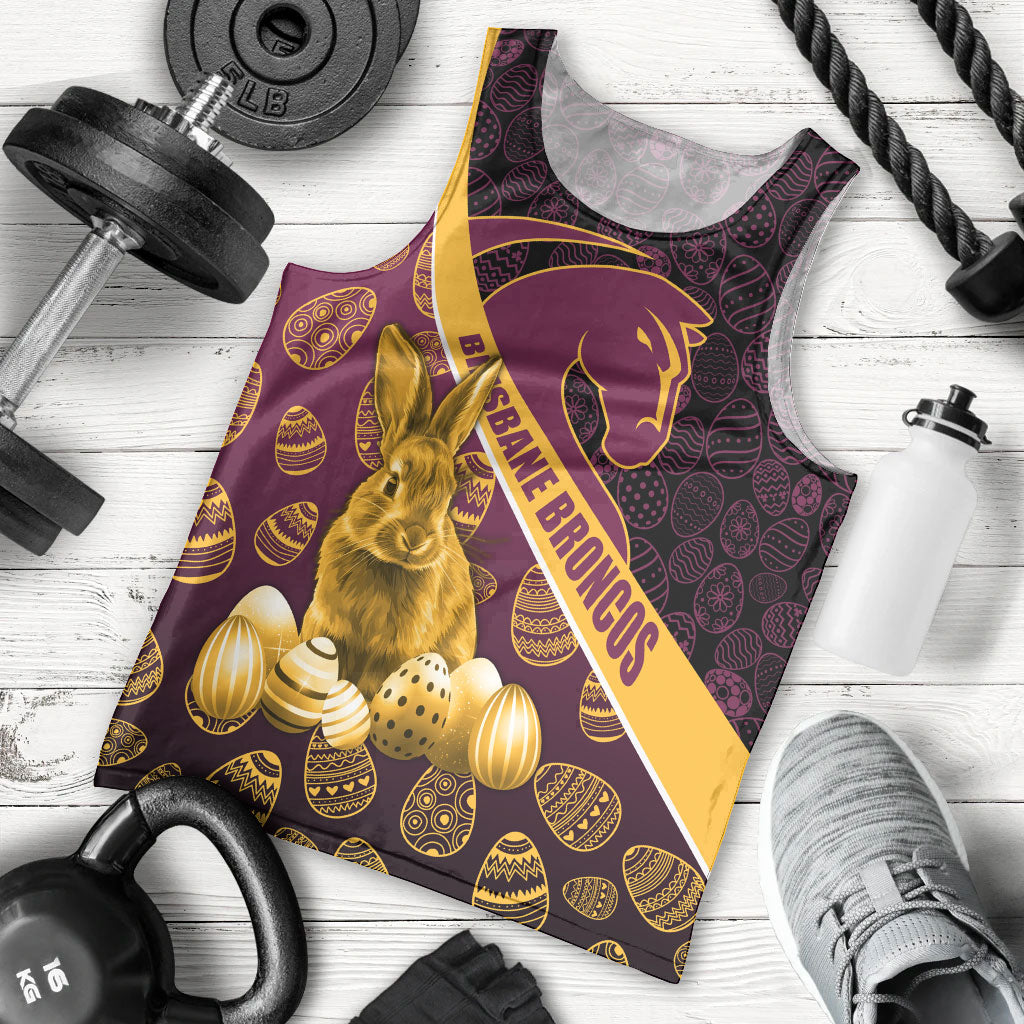 Brisbane Broncos Easter Day Men Tank Top Bunny and Egg Pattern in Gold Maroon Festive Style