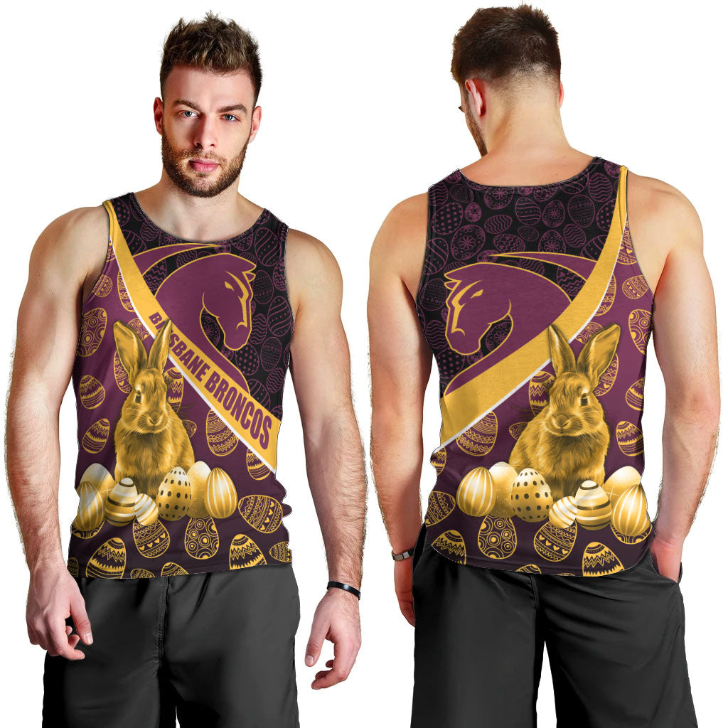 Brisbane Broncos Easter Day Men Tank Top Bunny and Egg Pattern in Gold Maroon Festive Style