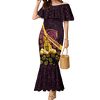 Brisbane Broncos Easter Day Mermaid Dress Bunny and Egg Pattern in Gold Maroon Festive Style