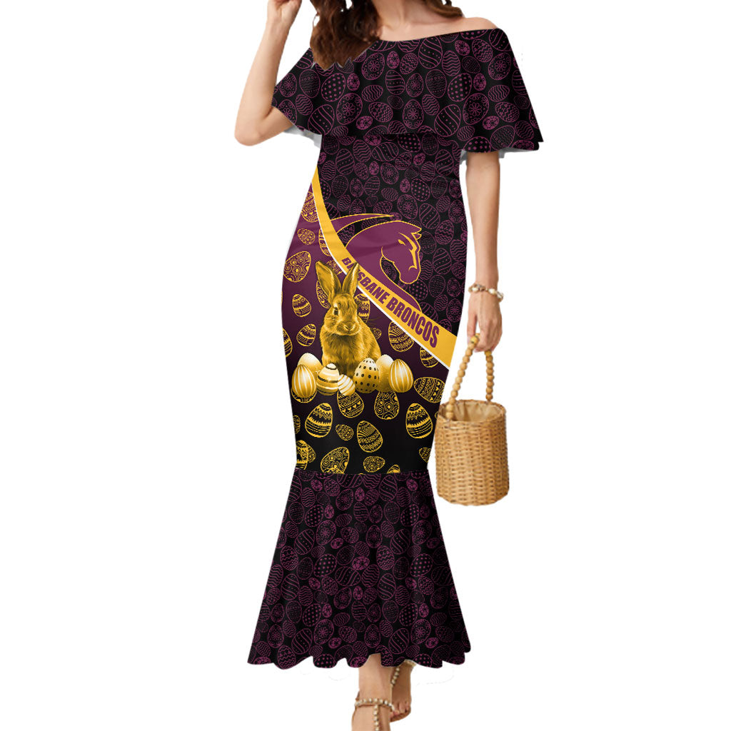 Brisbane Broncos Easter Day Mermaid Dress Bunny and Egg Pattern in Gold Maroon Festive Style