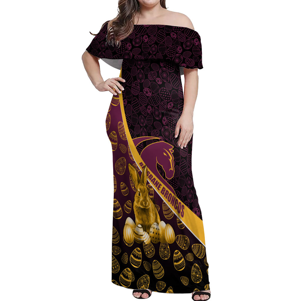 Brisbane Broncos Easter Day Off Shoulder Maxi Dress Bunny and Egg Pattern in Gold Maroon Festive Style