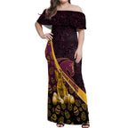 Brisbane Broncos Easter Day Off Shoulder Maxi Dress Bunny and Egg Pattern in Gold Maroon Festive Style