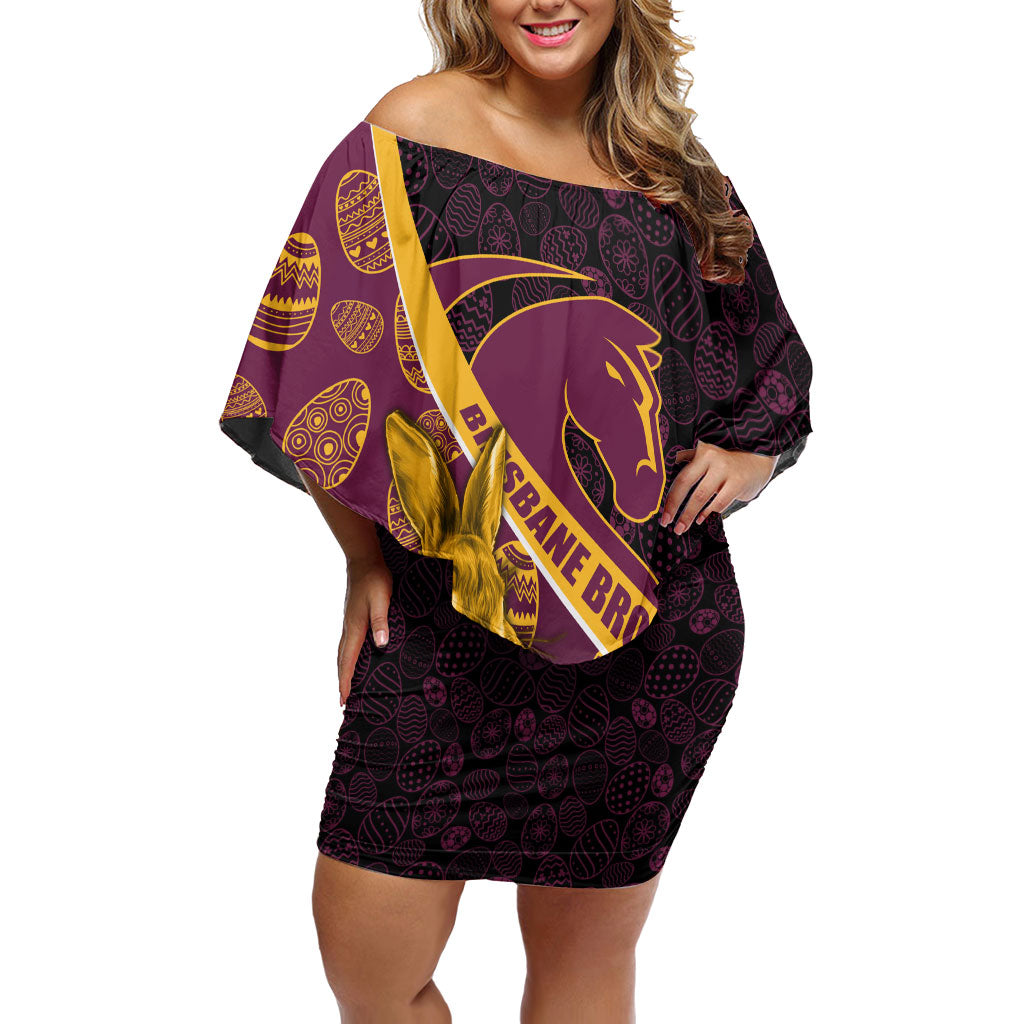 Brisbane Broncos Easter Day Off Shoulder Short Dress Bunny and Egg Pattern in Gold Maroon Festive Style