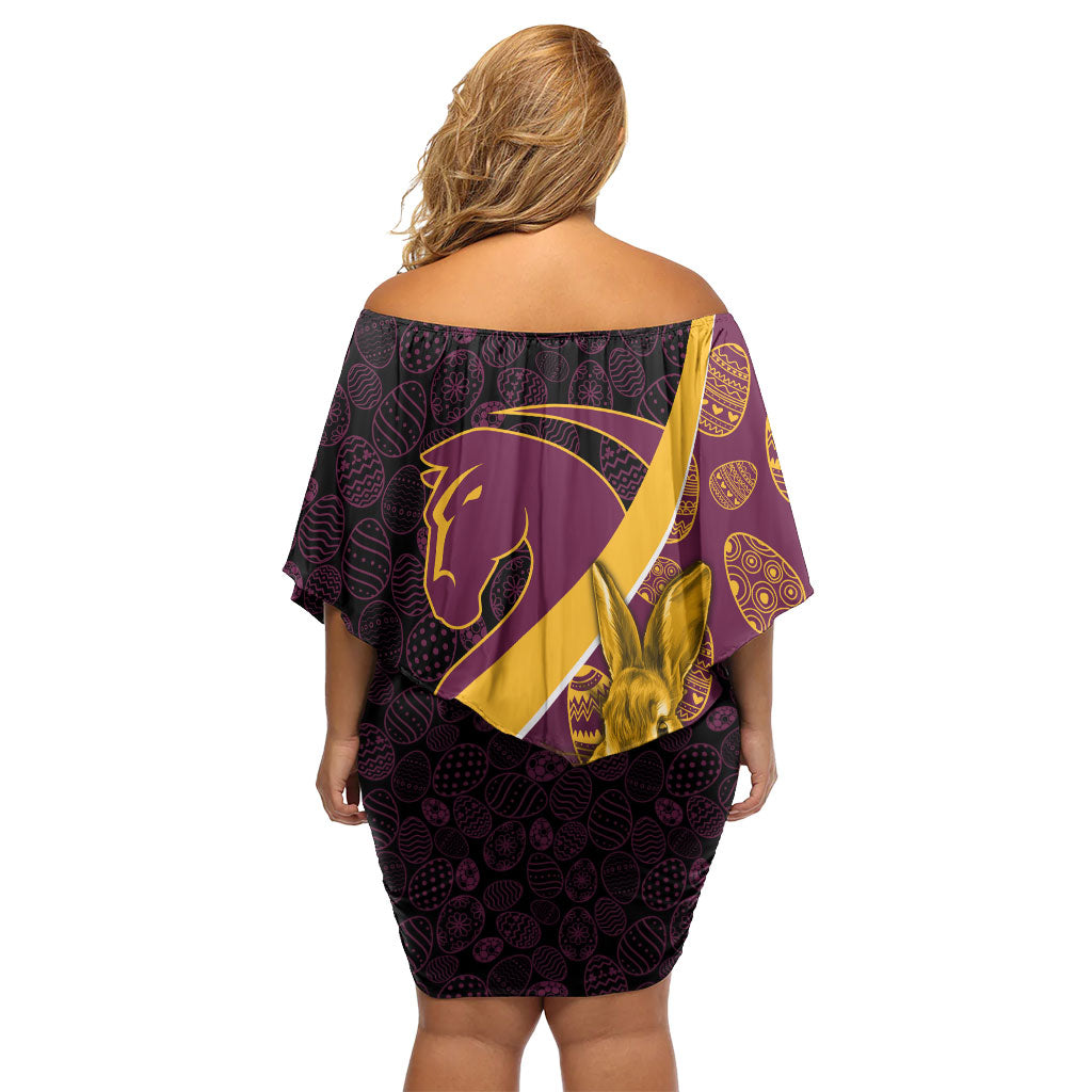 Brisbane Broncos Easter Day Off Shoulder Short Dress Bunny and Egg Pattern in Gold Maroon Festive Style