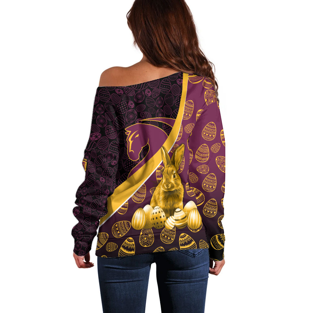 Brisbane Broncos Easter Day Off Shoulder Sweater Bunny and Egg Pattern in Gold Maroon Festive Style
