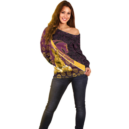 Brisbane Broncos Easter Day Off Shoulder Sweater Bunny and Egg Pattern in Gold Maroon Festive Style