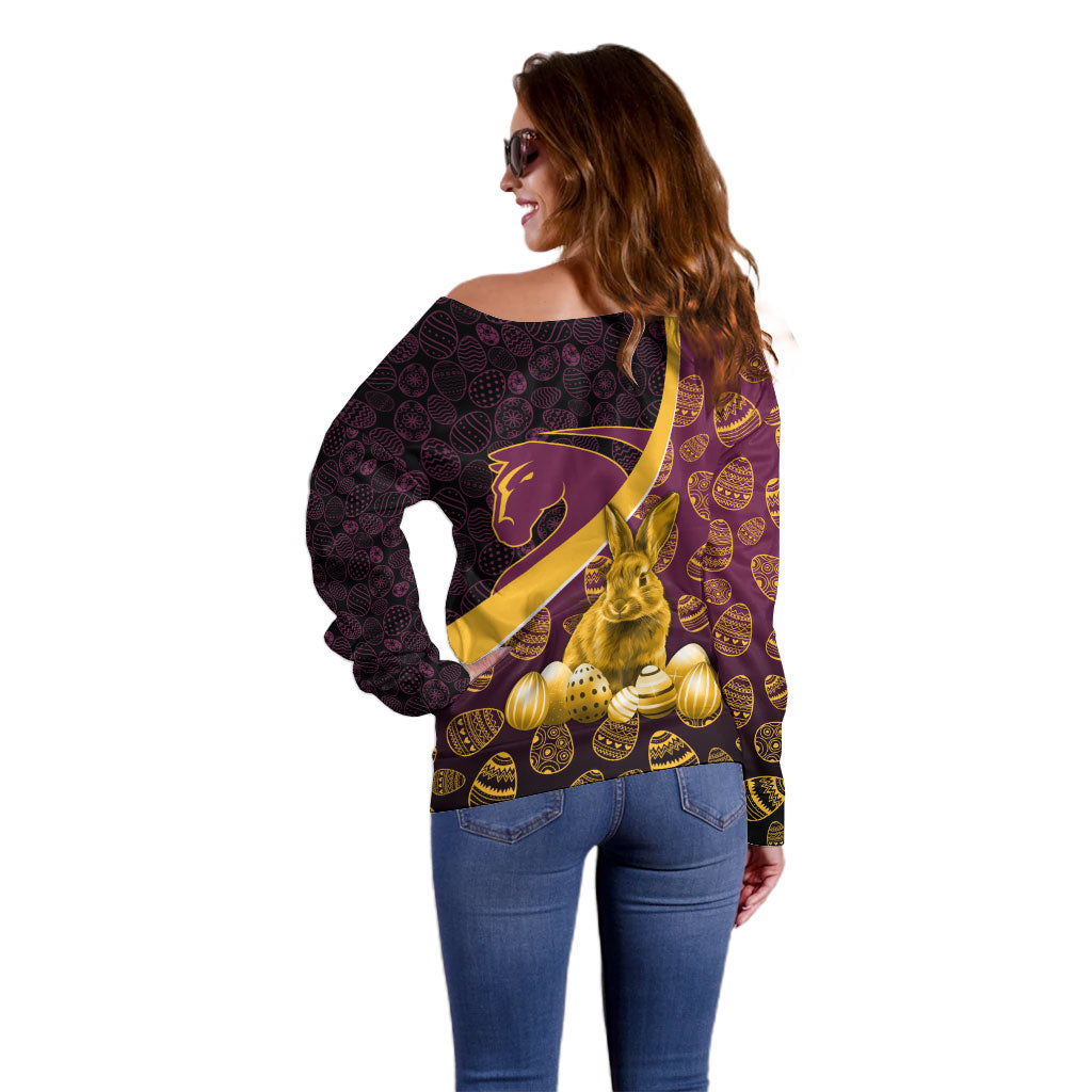 Brisbane Broncos Easter Day Off Shoulder Sweater Bunny and Egg Pattern in Gold Maroon Festive Style