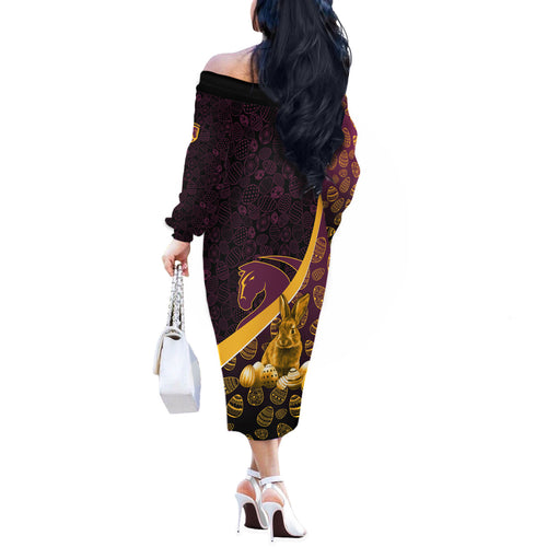 Brisbane Broncos Easter Day Off The Shoulder Long Sleeve Dress Bunny and Egg Pattern in Gold Maroon Festive Style