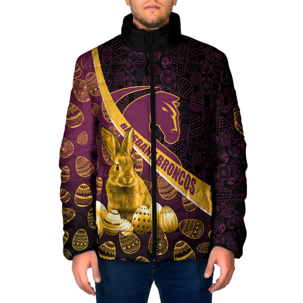 Brisbane Broncos Easter Day Padded Jacket Bunny and Egg Pattern in Gold Maroon Festive Style