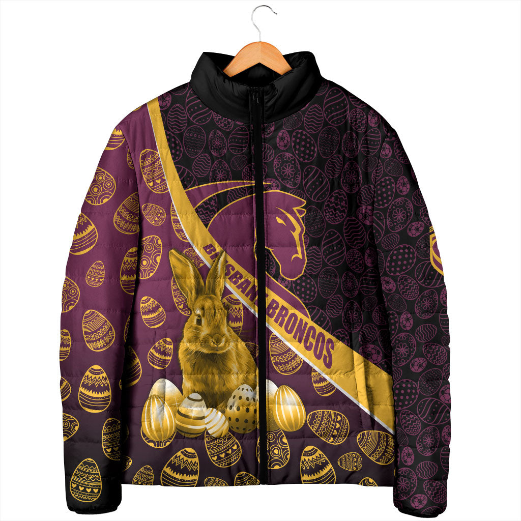Brisbane Broncos Easter Day Padded Jacket Bunny and Egg Pattern in Gold Maroon Festive Style