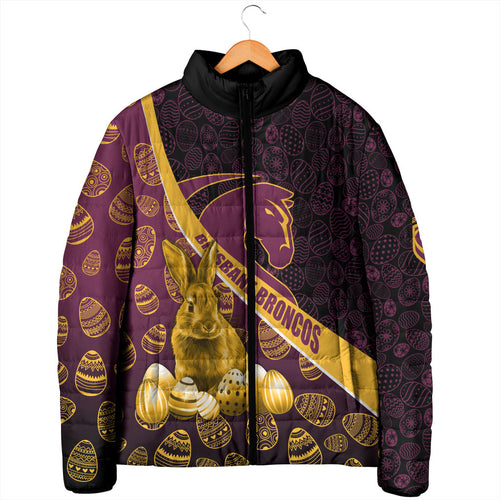Brisbane Broncos Easter Day Padded Jacket Bunny and Egg Pattern in Gold Maroon Festive Style