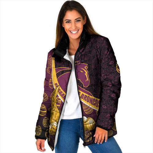 Brisbane Broncos Easter Day Padded Jacket Bunny and Egg Pattern in Gold Maroon Festive Style
