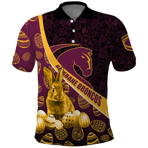 Brisbane Broncos Easter Day Polo Shirt Bunny and Egg Pattern in Gold Maroon Festive Style