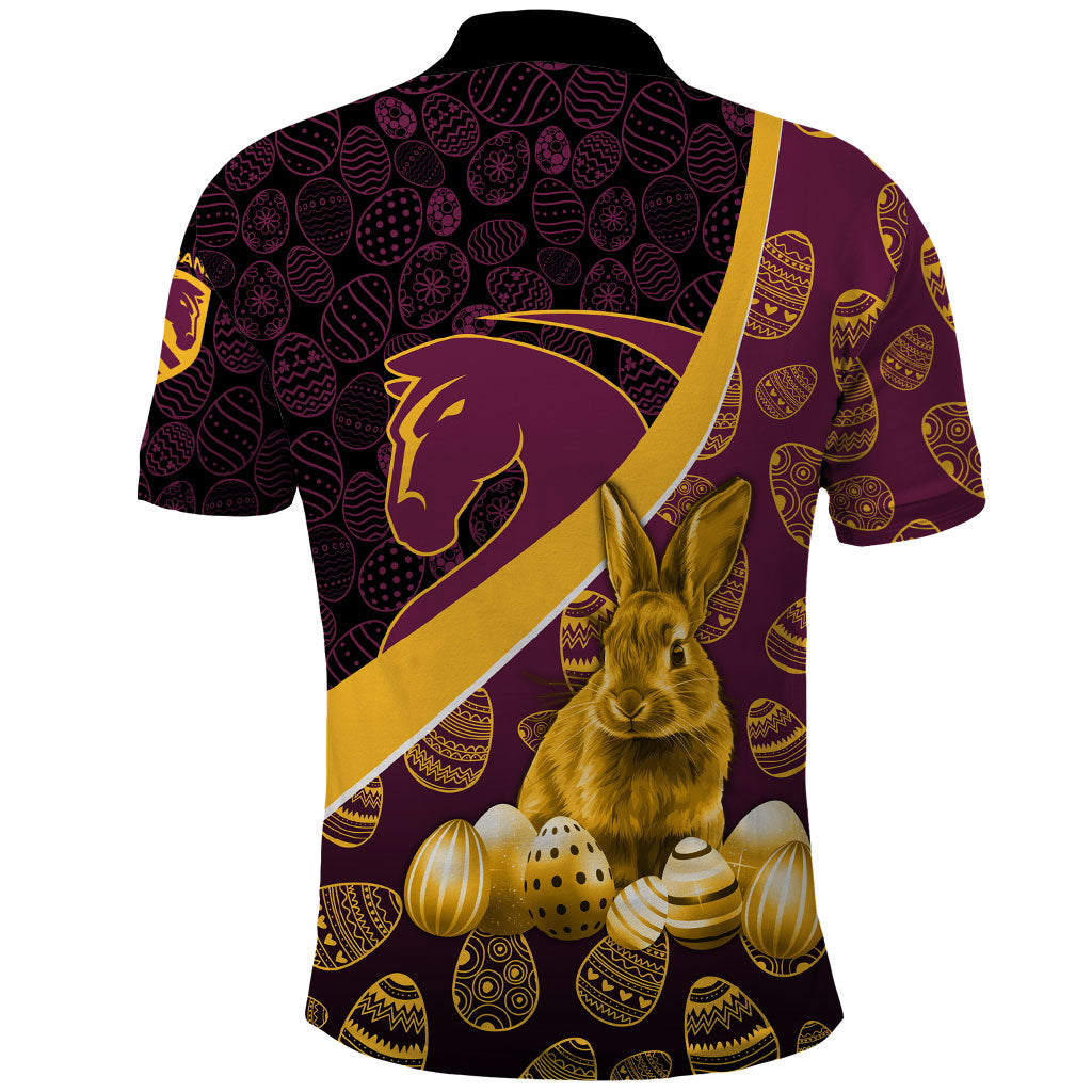 Brisbane Broncos Easter Day Polo Shirt Bunny and Egg Pattern in Gold Maroon Festive Style
