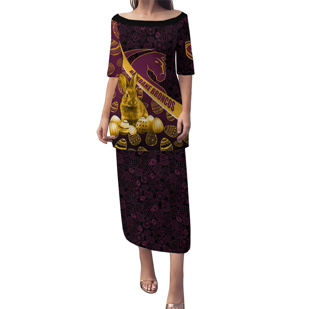 Brisbane Broncos Easter Day Puletasi Bunny and Egg Pattern in Gold Maroon Festive Style