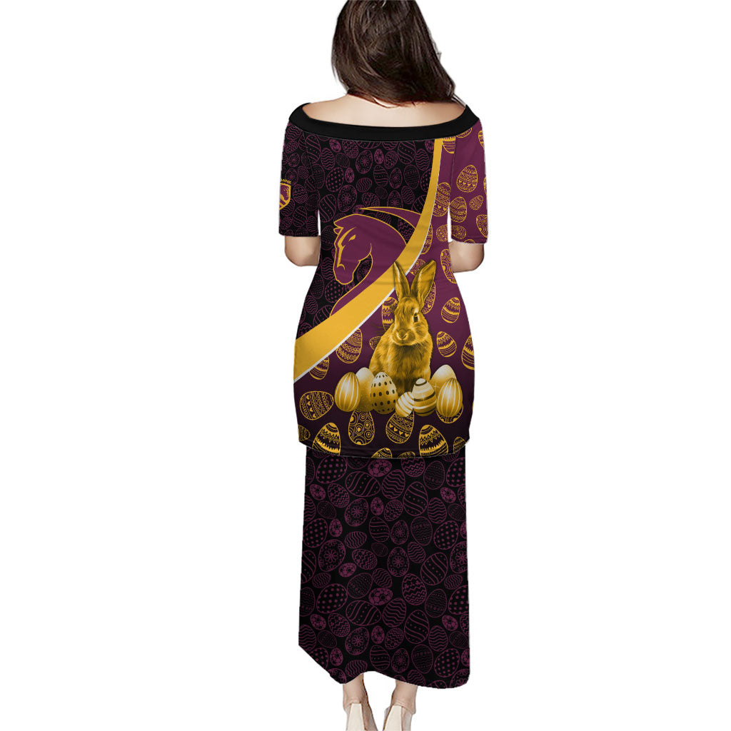 Brisbane Broncos Easter Day Puletasi Bunny and Egg Pattern in Gold Maroon Festive Style