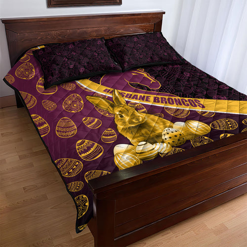 Brisbane Broncos Easter Day Quilt Bed Set Bunny and Egg Pattern in Gold Maroon Festive Style