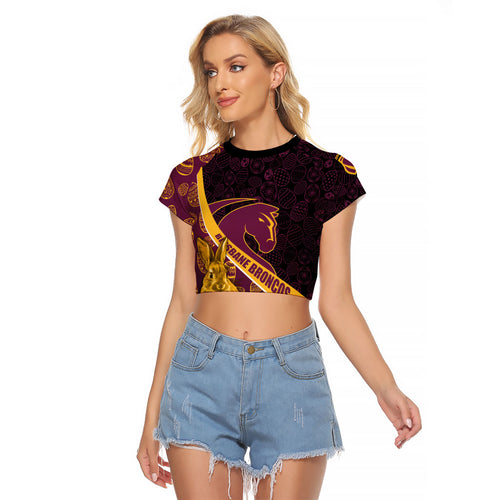 Brisbane Broncos Easter Day Raglan Cropped T Shirt Bunny and Egg Pattern in Gold Maroon Festive Style