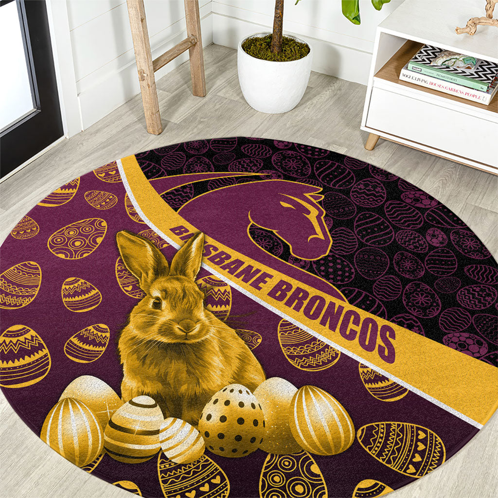 Brisbane Broncos Easter Day Round Carpet Bunny and Egg Pattern in Gold Maroon Festive Style