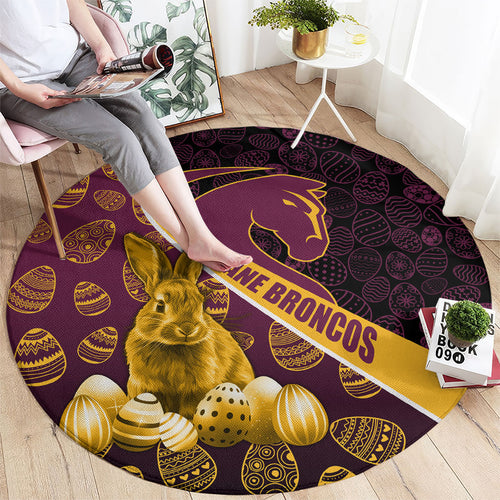 Brisbane Broncos Easter Day Round Carpet Bunny and Egg Pattern in Gold Maroon Festive Style