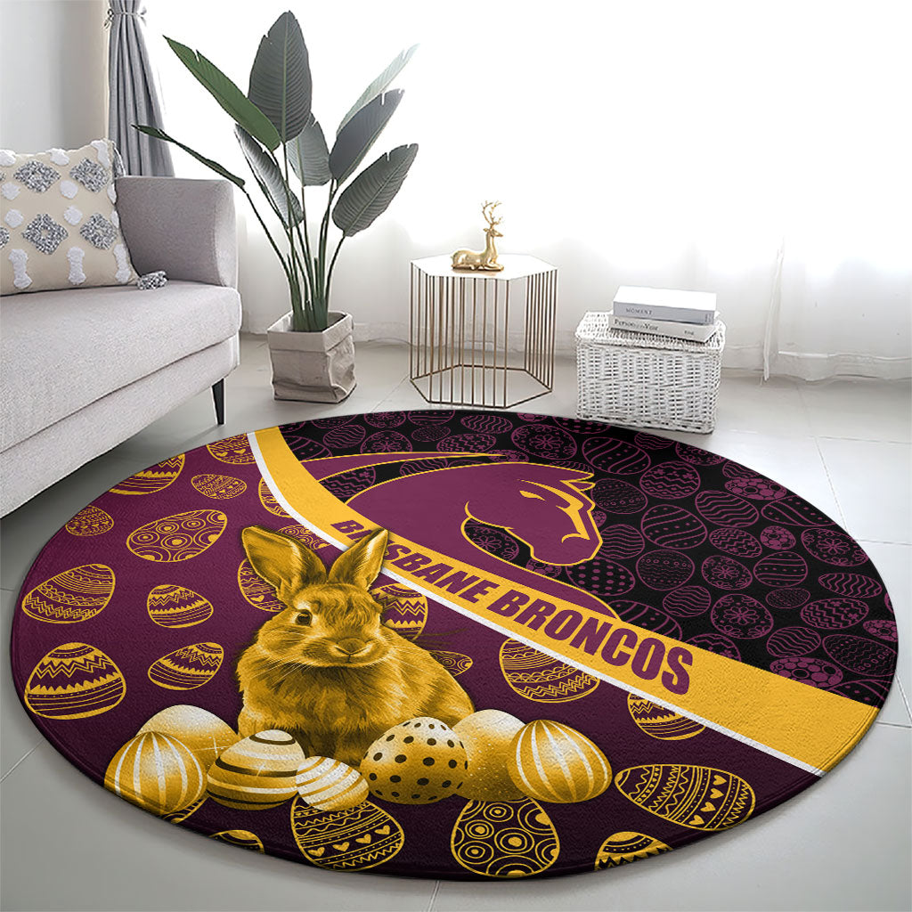 Brisbane Broncos Easter Day Round Carpet Bunny and Egg Pattern in Gold Maroon Festive Style