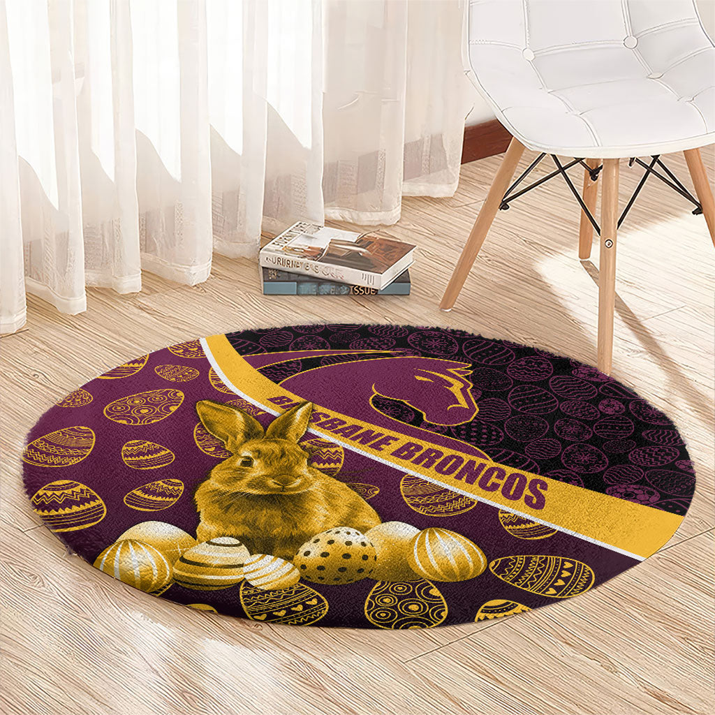 Brisbane Broncos Easter Day Round Carpet Bunny and Egg Pattern in Gold Maroon Festive Style