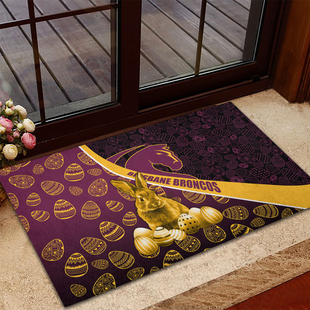 Brisbane Broncos Easter Day Rubber Doormat Bunny and Egg Pattern in Gold Maroon Festive Style