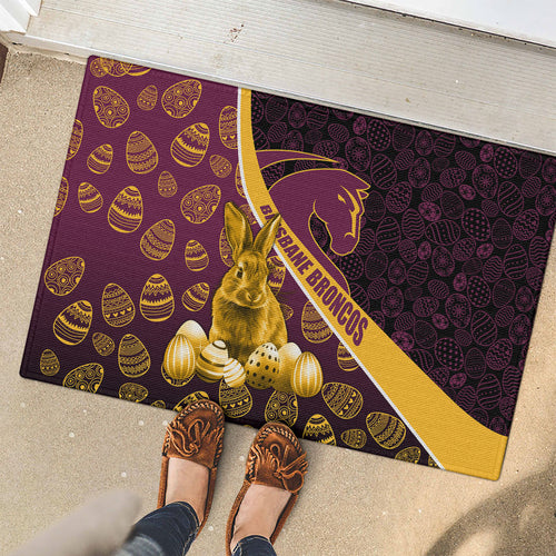 Brisbane Broncos Easter Day Rubber Doormat Bunny and Egg Pattern in Gold Maroon Festive Style