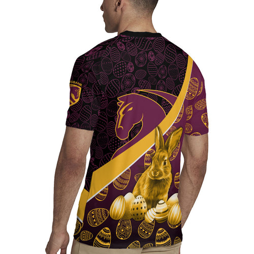 Brisbane Broncos Easter Day Rugby Jersey Bunny and Egg Pattern in Gold Maroon Festive Style