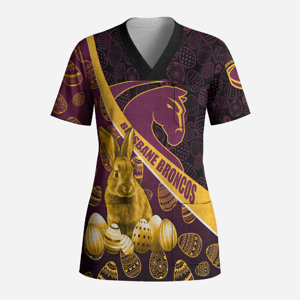 Brisbane Broncos Easter Day Scrub Top Bunny and Egg Pattern in Gold Maroon Festive Style