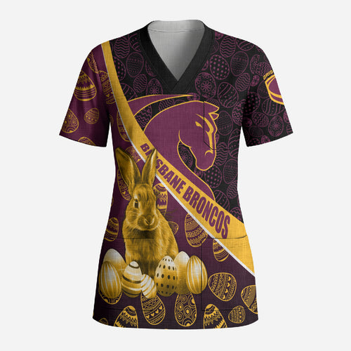 Brisbane Broncos Easter Day Scrub Top Bunny and Egg Pattern in Gold Maroon Festive Style