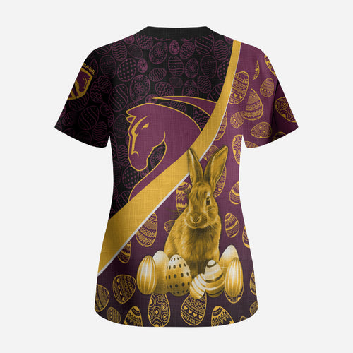 Brisbane Broncos Easter Day Scrub Top Bunny and Egg Pattern in Gold Maroon Festive Style