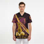 Brisbane Broncos Easter Day Scrub Top Bunny and Egg Pattern in Gold Maroon Festive Style