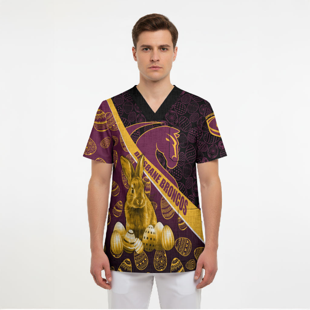 Brisbane Broncos Easter Day Scrub Top Bunny and Egg Pattern in Gold Maroon Festive Style