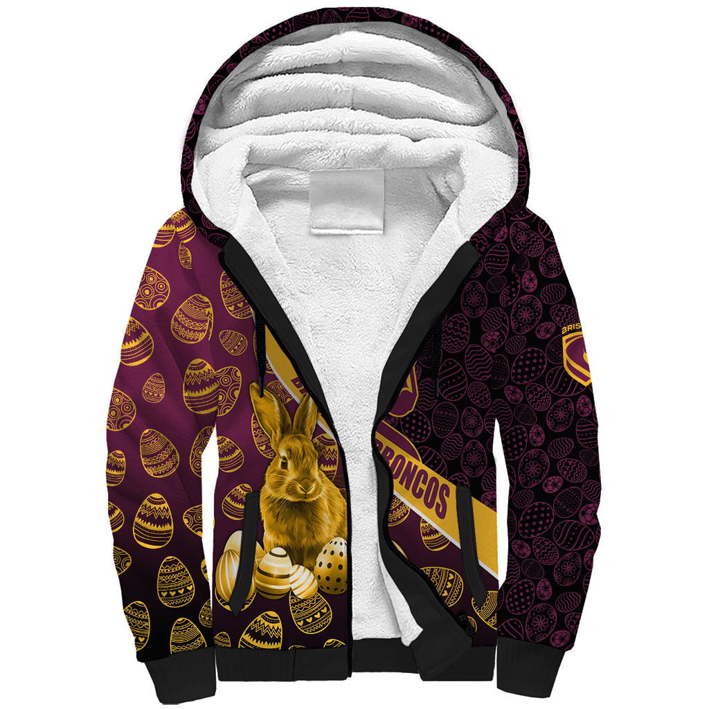 Brisbane Broncos Easter Day Sherpa Hoodie Bunny and Egg Pattern in Gold Maroon Festive Style