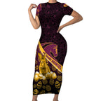 Brisbane Broncos Easter Day Short Sleeve Bodycon Dress Bunny and Egg Pattern in Gold Maroon Festive Style
