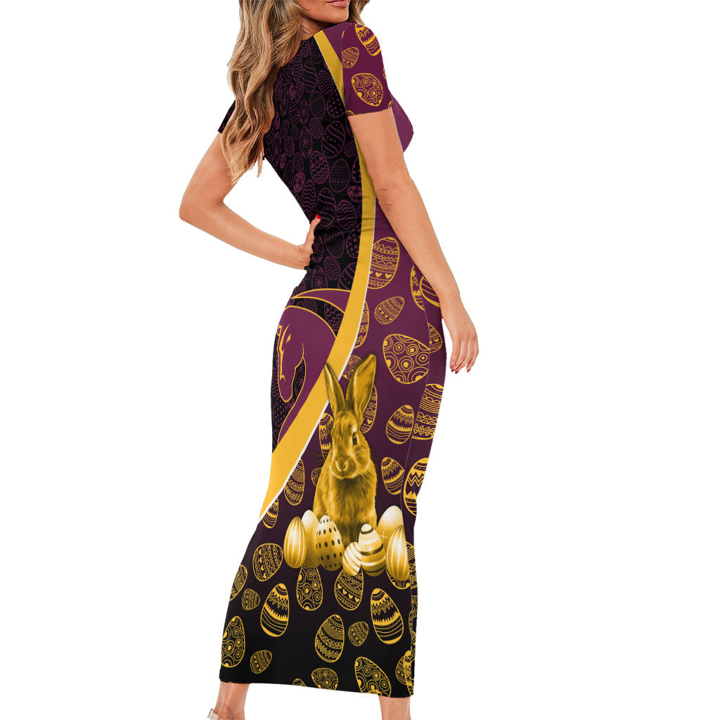 Brisbane Broncos Easter Day Short Sleeve Bodycon Dress Bunny and Egg Pattern in Gold Maroon Festive Style