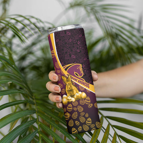 Brisbane Broncos Easter Day Skinny Tumbler Bunny and Egg Pattern in Gold Maroon Festive Style