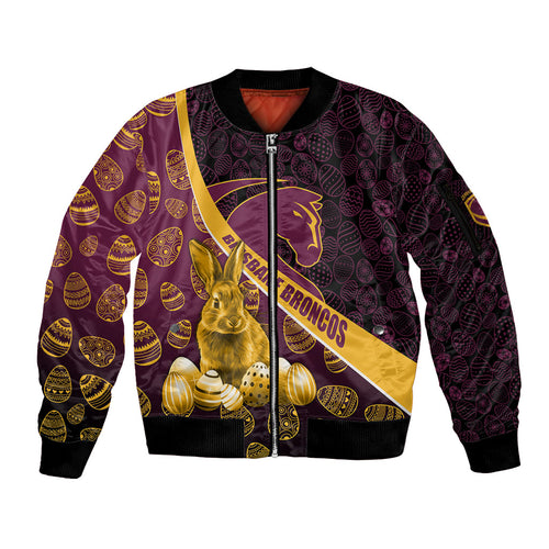 Brisbane Broncos Easter Day Sleeve Zip Bomber Jacket Bunny and Egg Pattern in Gold Maroon Festive Style