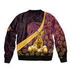 Brisbane Broncos Easter Day Sleeve Zip Bomber Jacket Bunny and Egg Pattern in Gold Maroon Festive Style