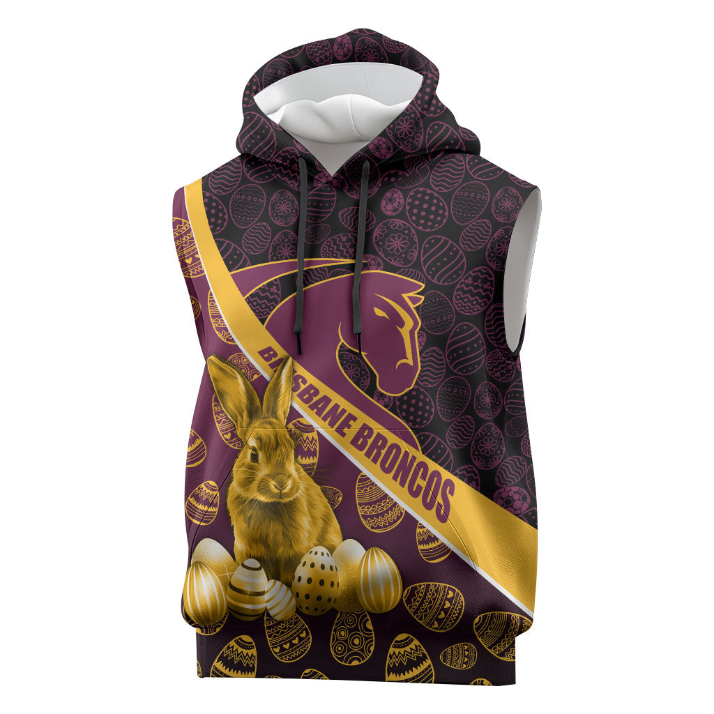 Brisbane Broncos Easter Day Sleeveless Hoodie Bunny and Egg Pattern in Gold Maroon Festive Style