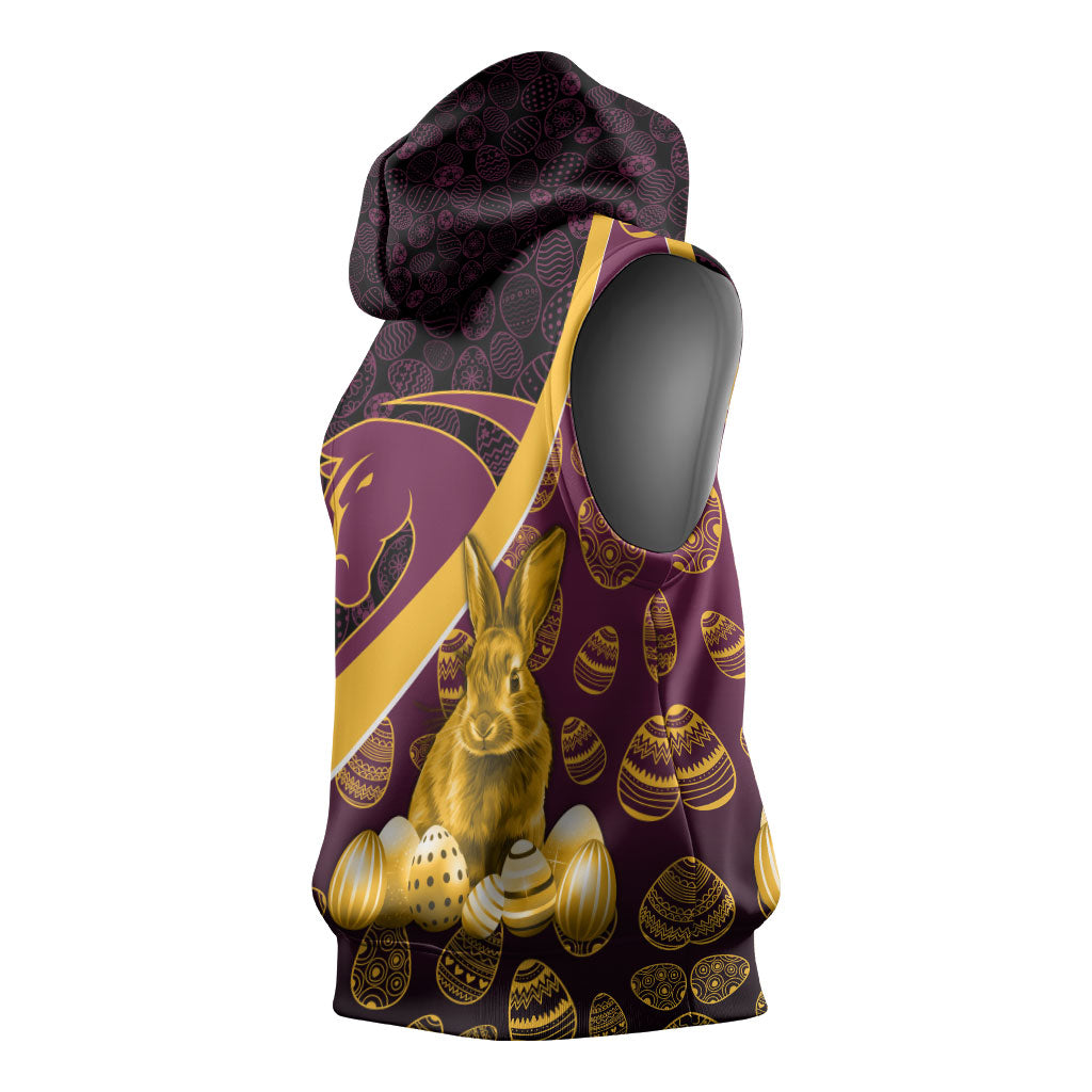 Brisbane Broncos Easter Day Sleeveless Hoodie Bunny and Egg Pattern in Gold Maroon Festive Style