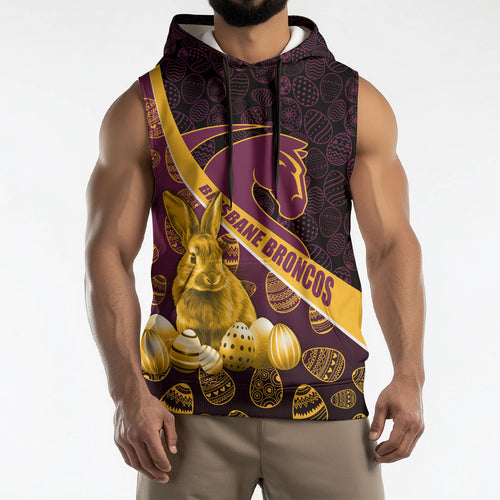 Brisbane Broncos Easter Day Sleeveless Hoodie Bunny and Egg Pattern in Gold Maroon Festive Style