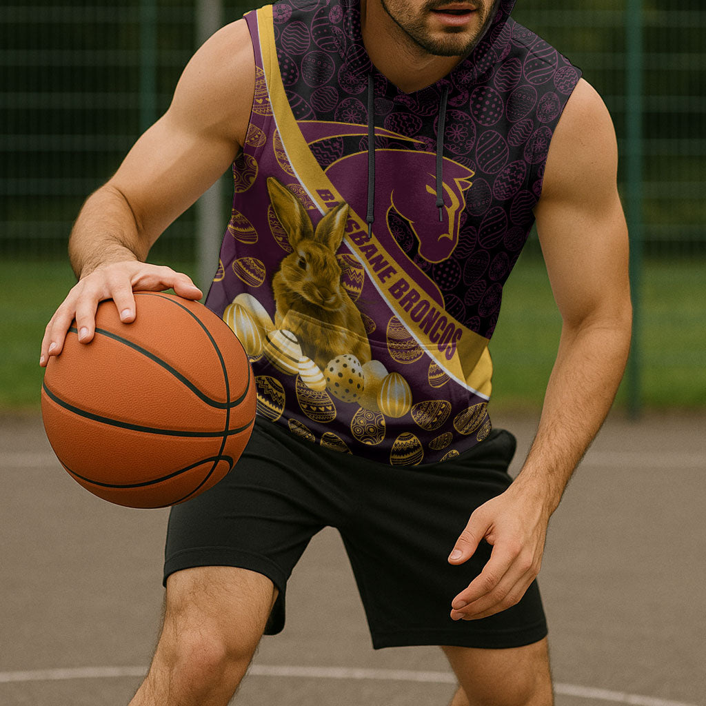 Brisbane Broncos Easter Day Sleeveless Hoodie Bunny and Egg Pattern in Gold Maroon Festive Style