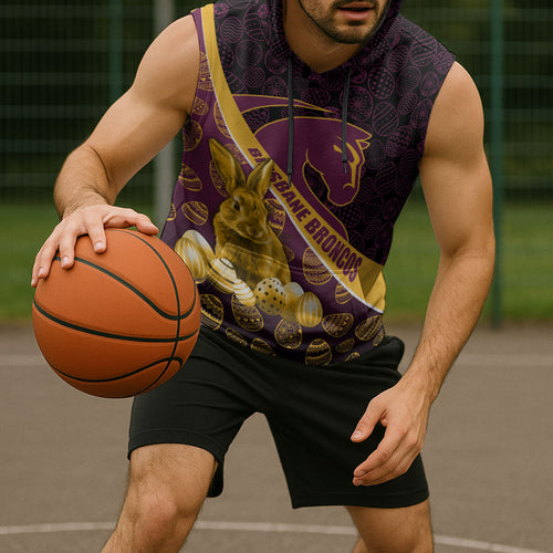Brisbane Broncos Easter Day Sleeveless Hoodie Bunny and Egg Pattern in Gold Maroon Festive Style