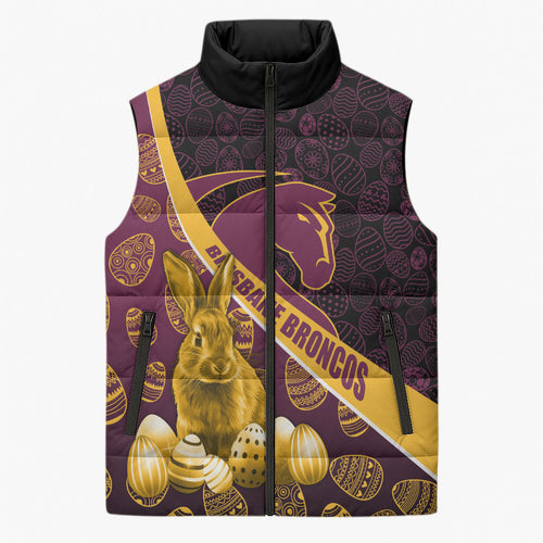Brisbane Broncos Easter Day Sleeveless Puffer Jacket Bunny and Egg Pattern in Gold Maroon Festive Style